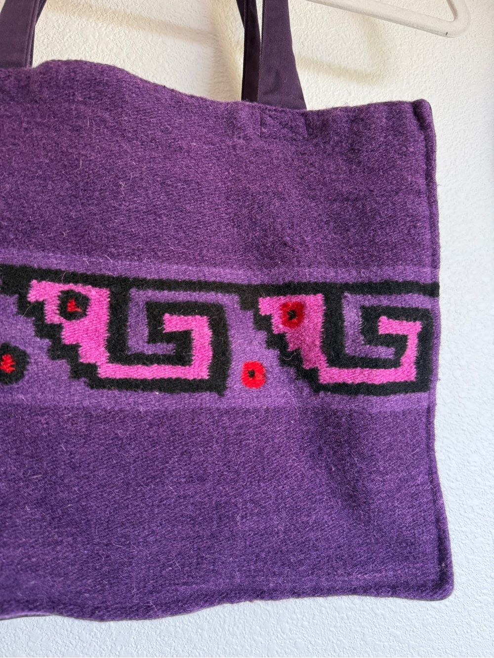 Royal Knitwear Peruvian Wool Tote Bag Purple Aztec Pattern Boho